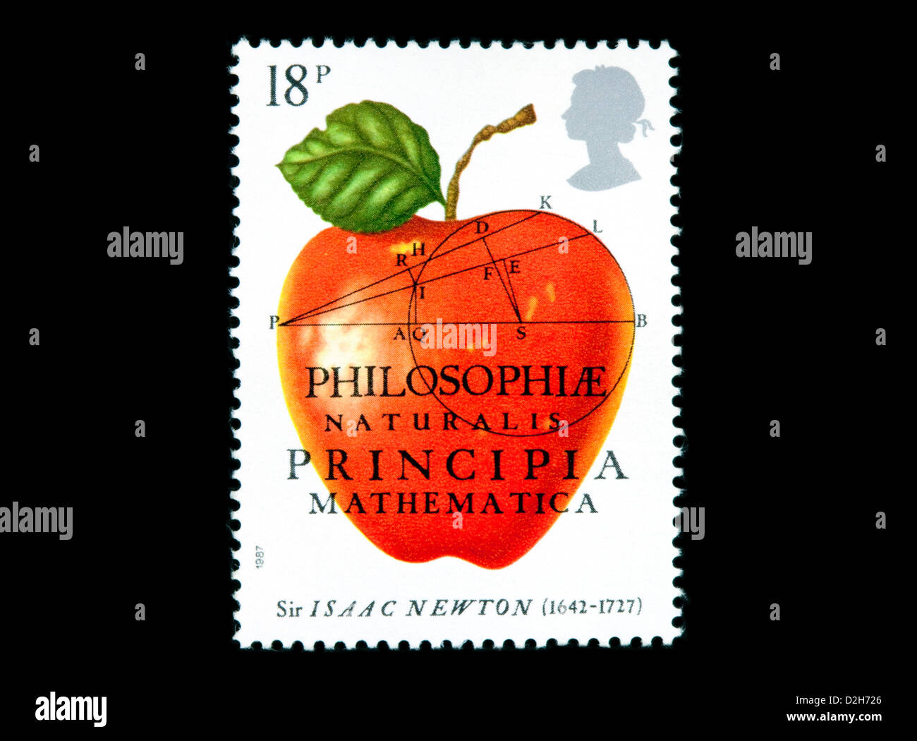 a 1987 UK british postage stamp commemorating Sir Isaac Newton, the apple and  discovery of gravity Stock Photo