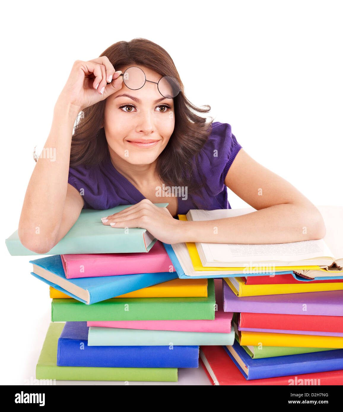 Happy student with stack book Stock Photo - Alamy