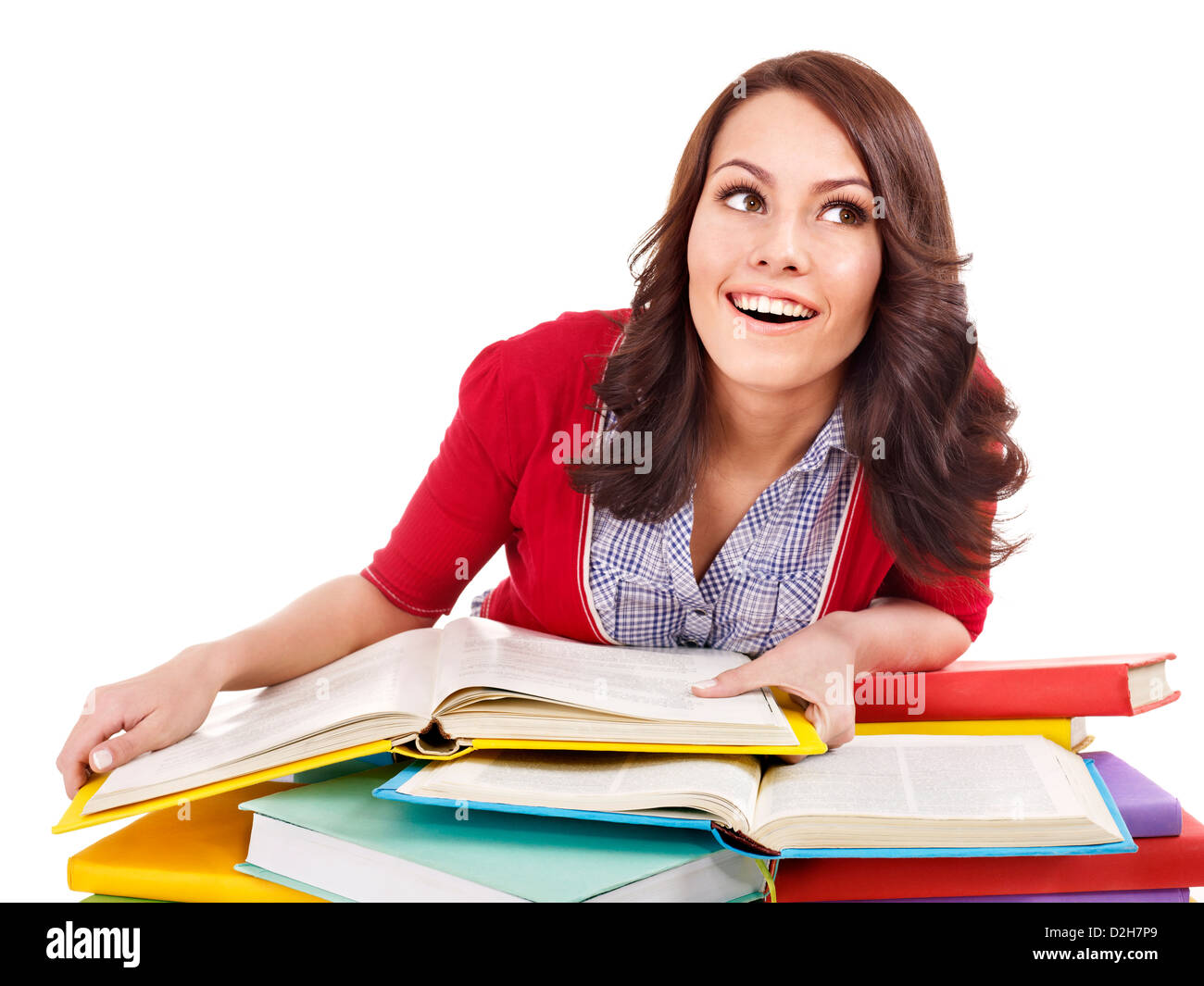 Happy student with stack book Stock Photo - Alamy