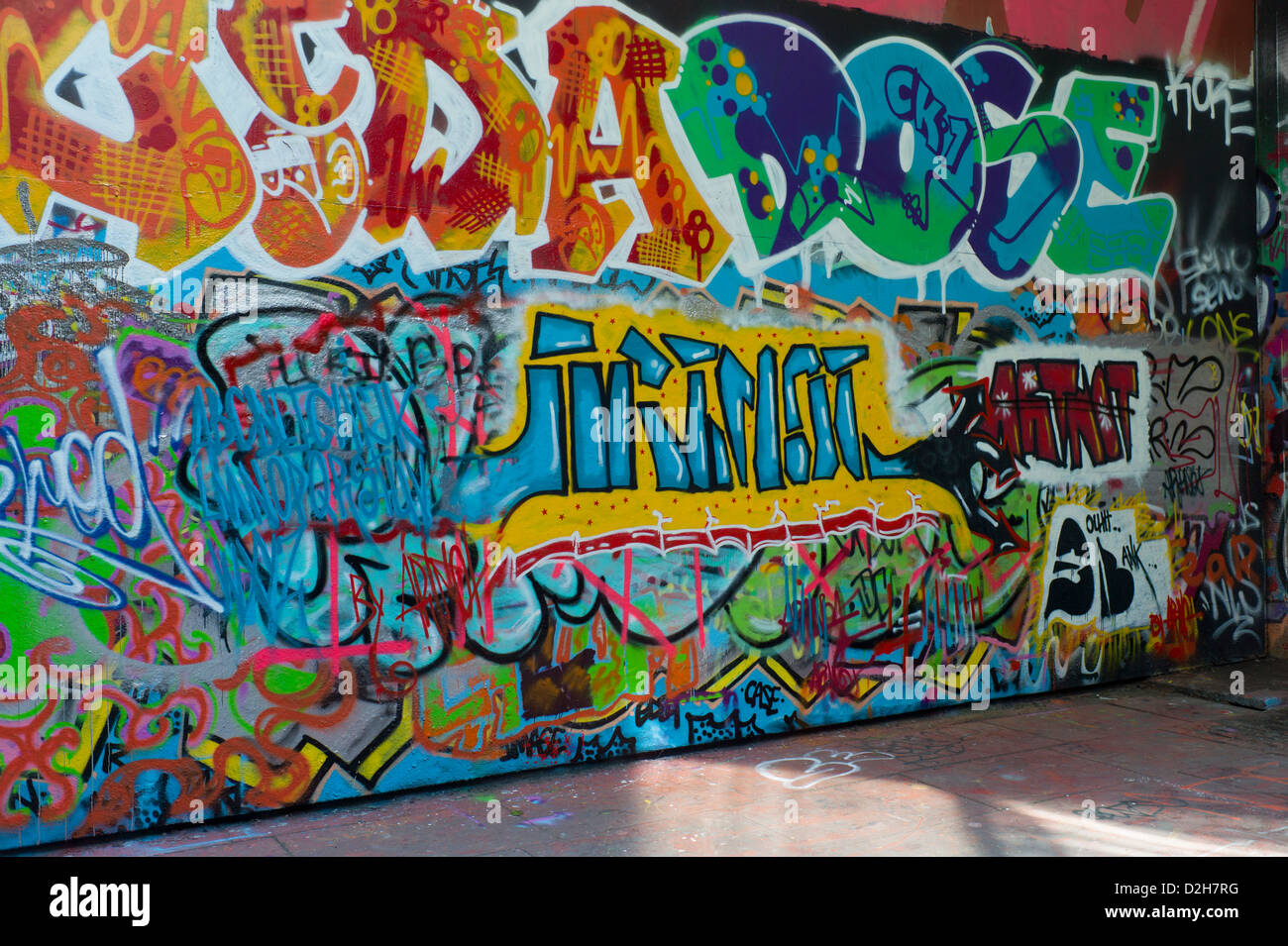 London, Southbank, Riverside, colourful, colorful, graffiti, street art Stock Photo