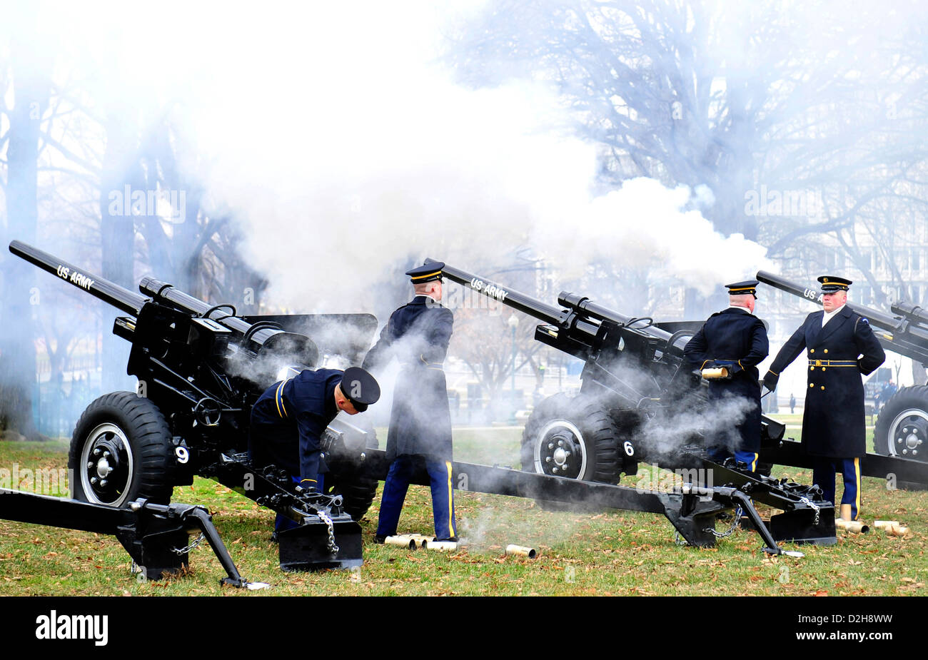 Members of the Old Guard fire cannons during honoring the 57th Presidential Inauguration January 21, 2013 in Washington, DC. Stock Photo