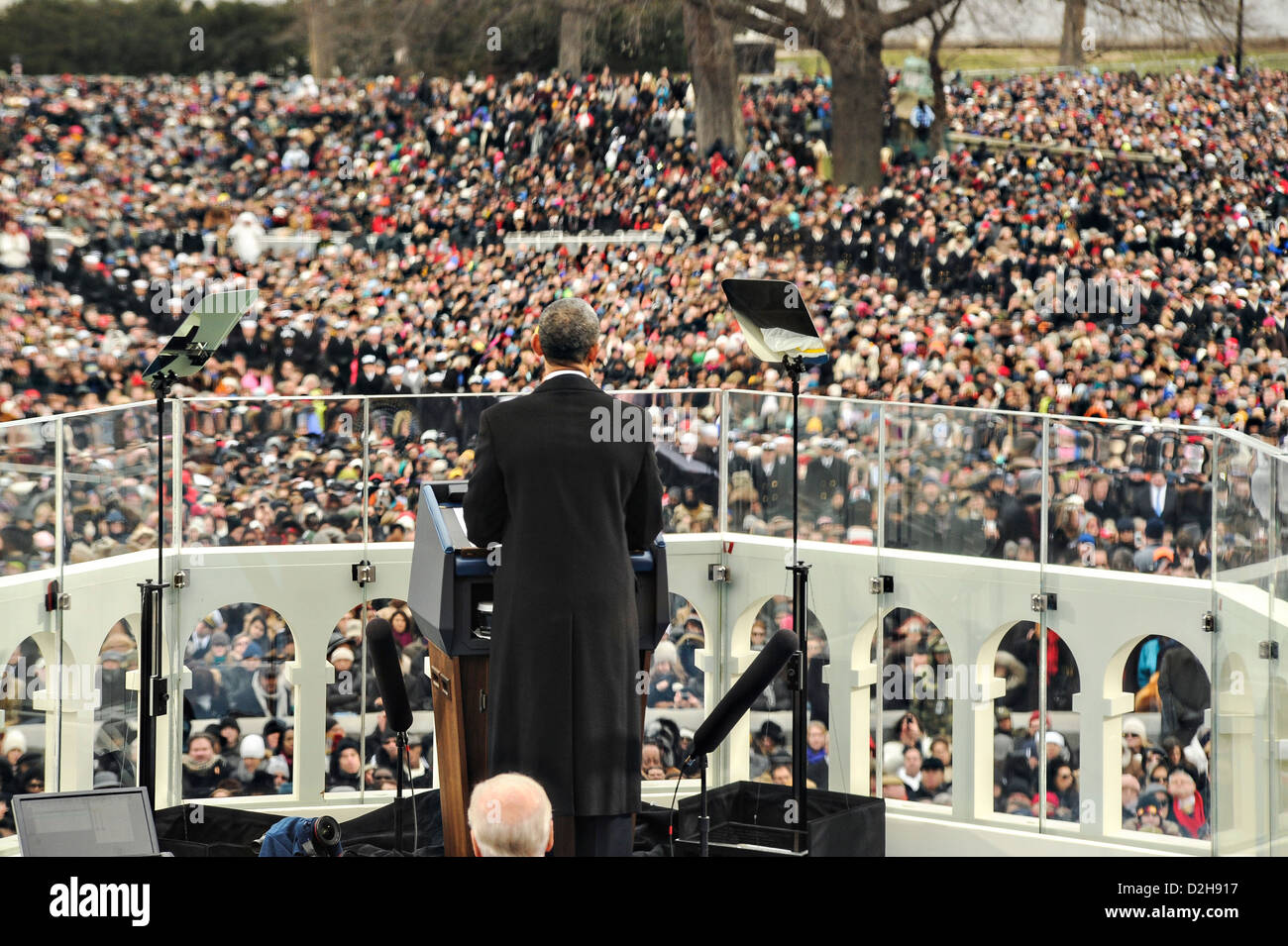 US President Barack Obama addresses the crowd during his acceptance speech at the 57th Presidential Inauguration on the US Capitol January 21, 2013 in Washington, DC. Stock Photo