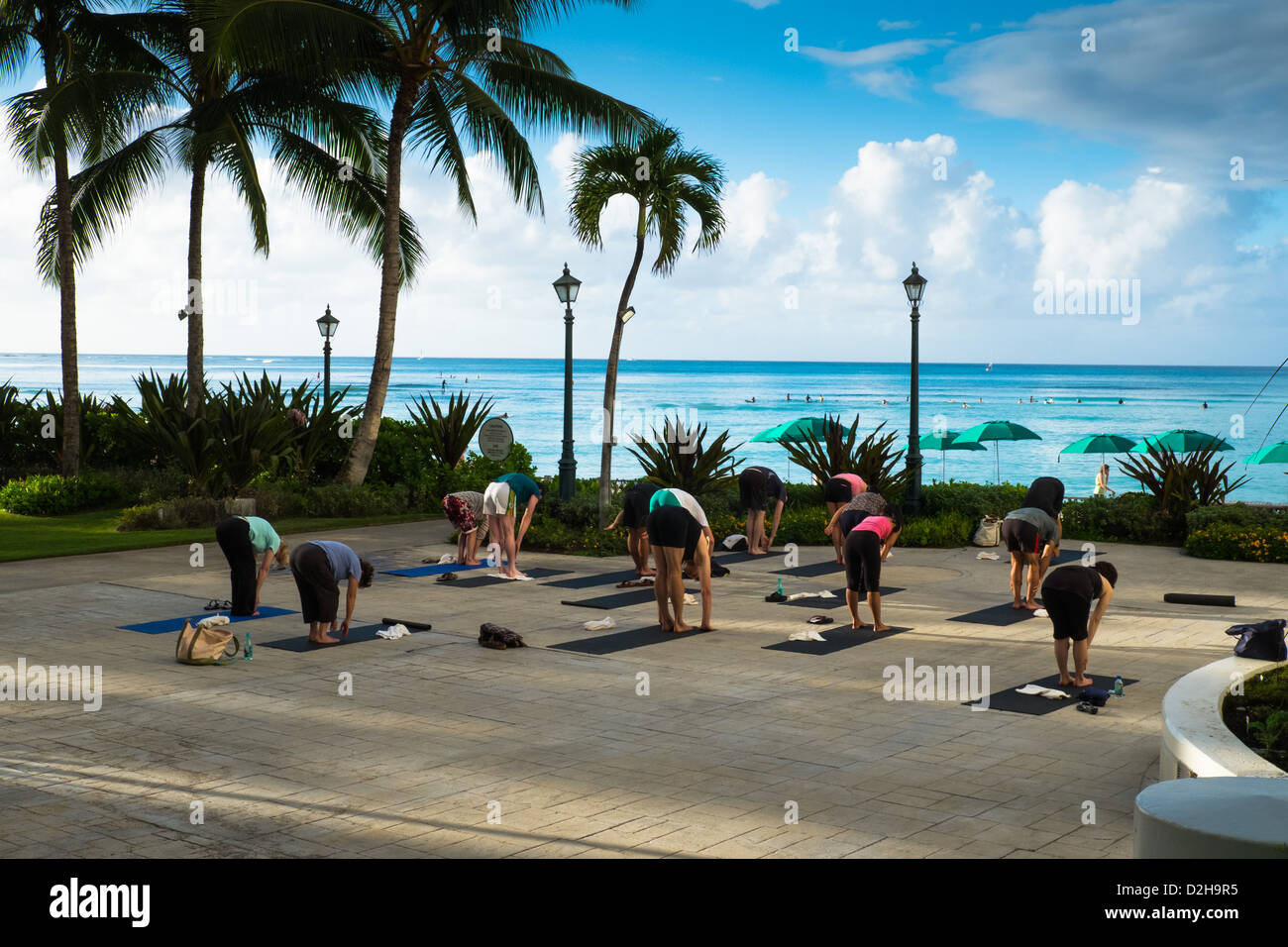 Yoga class in Honolulu Hawaii in morning Stock Photo Alamy
