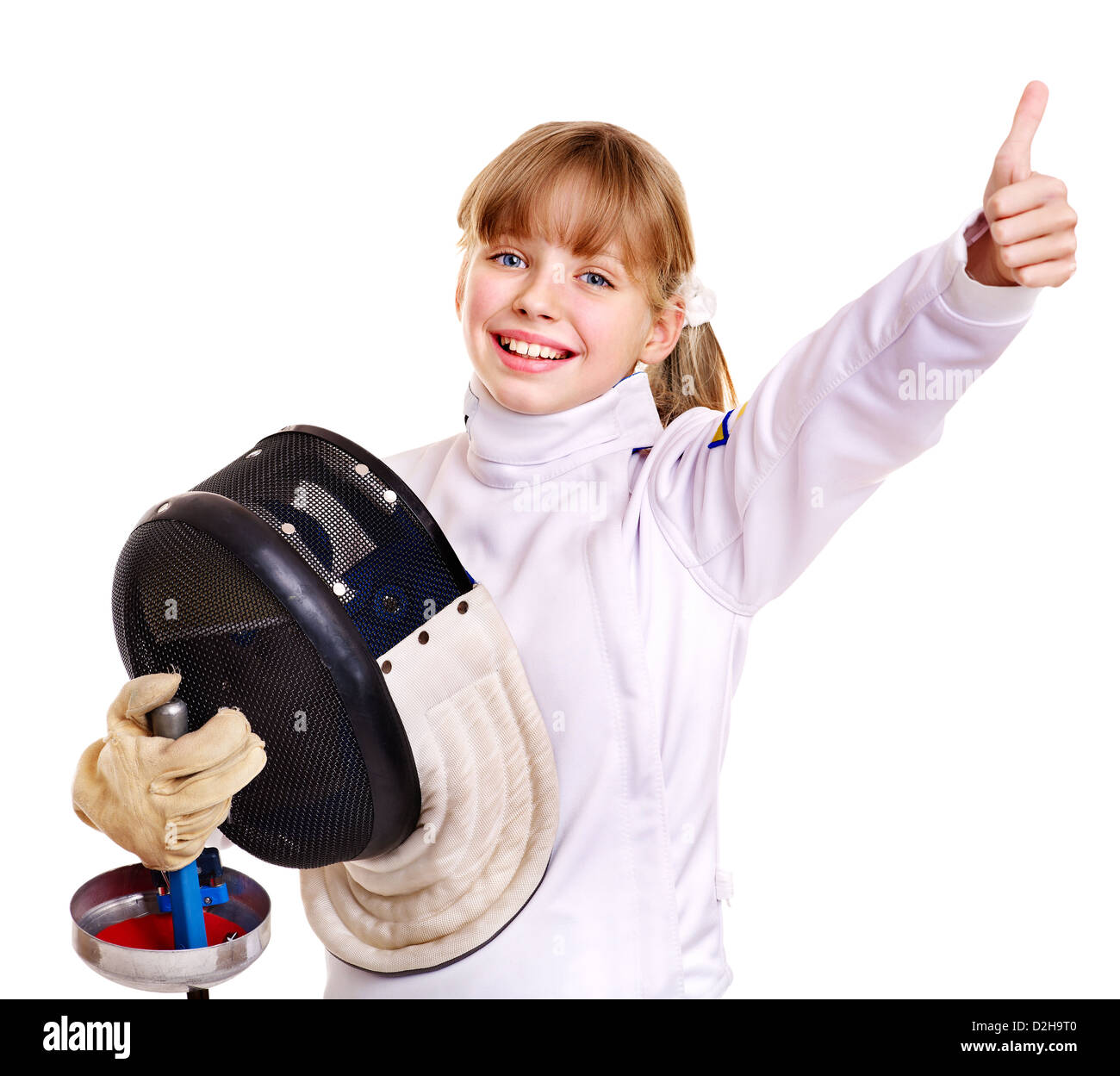 Child in fencing costume holding epee thumb up. Stock Photo