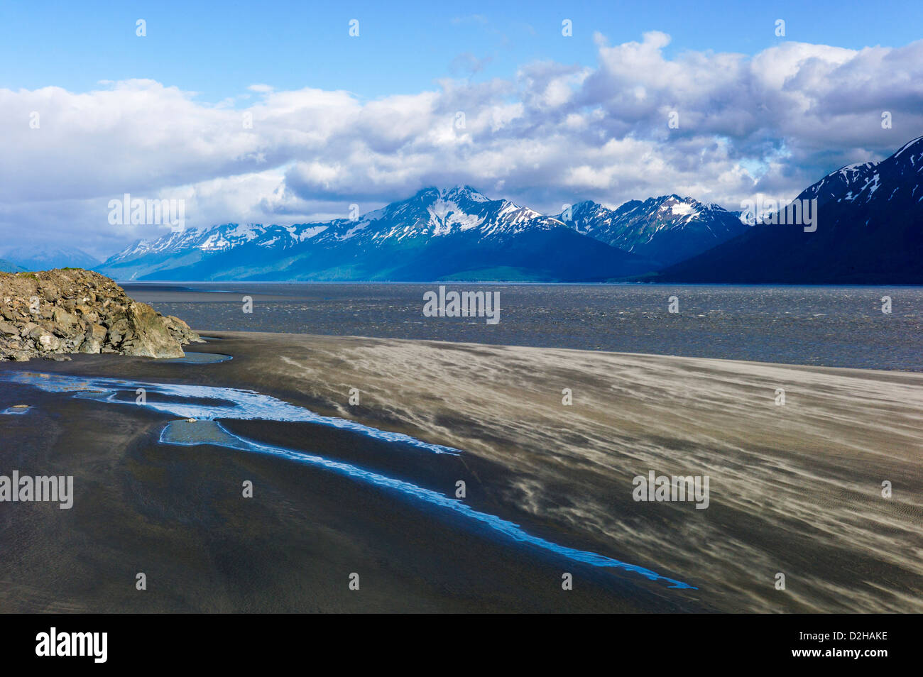 Fierce winds rip across a rugged landscape of sea and mountains, Turnagain Arm, south of Anchorage, Alaska, USA Stock Photo