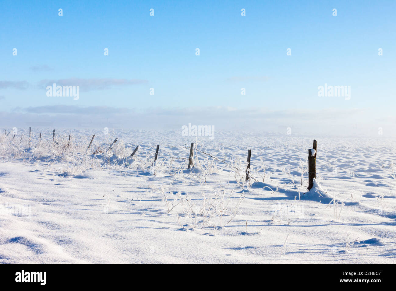 Barbed wire fence with snow covered ground and fog Stock Photo - Alamy