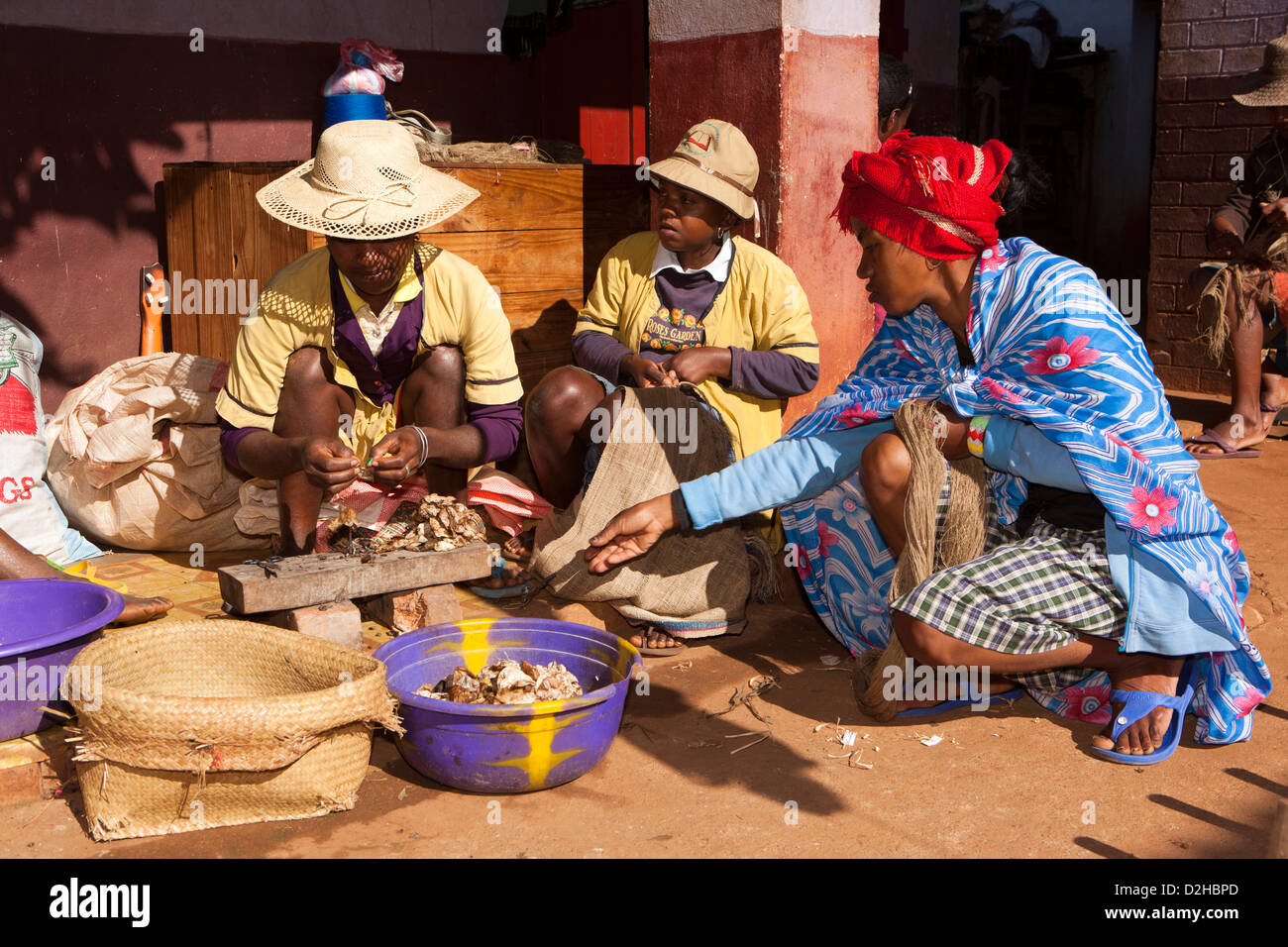 Madagascar, Ambalavao, Soalandy Silk Workshop, workers inverting wild ...