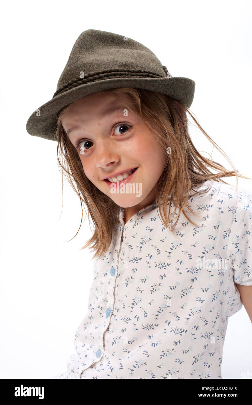 Berlin, Germany, girls with Tyrolean hat looks with big eyes √ üen Stock Photo