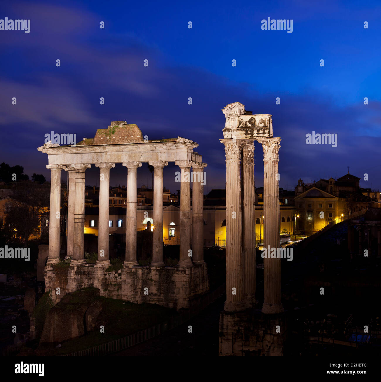 Roman forum by night.Temple of Saturn illuminated.Rome,Italy Stock ...