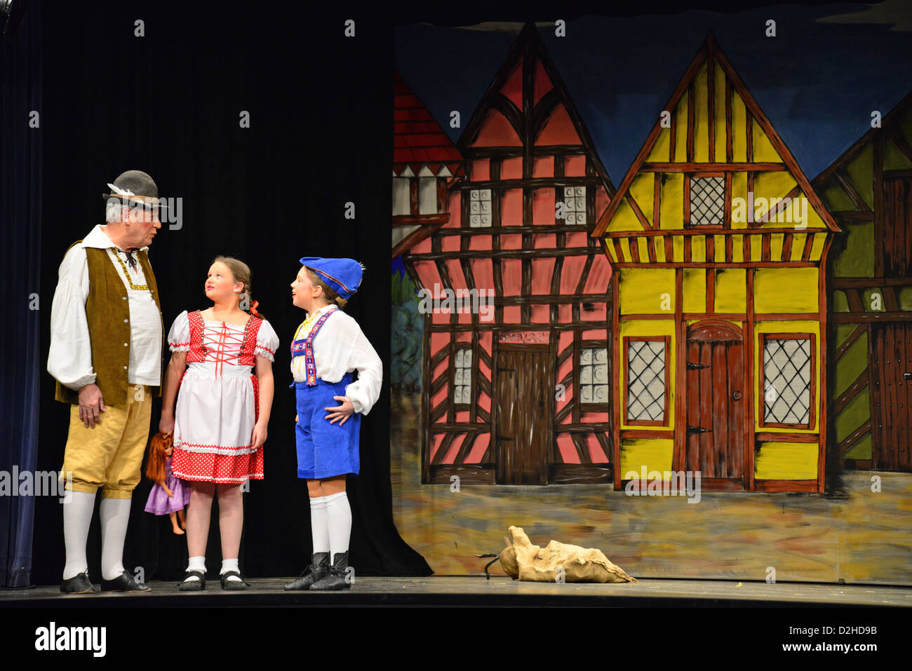 Hansel, Gretel and Bruno in 'Hansel & Gretel' amateur pantomime production, Hounslow, Greater London, England, United Kingdom Stock Photo