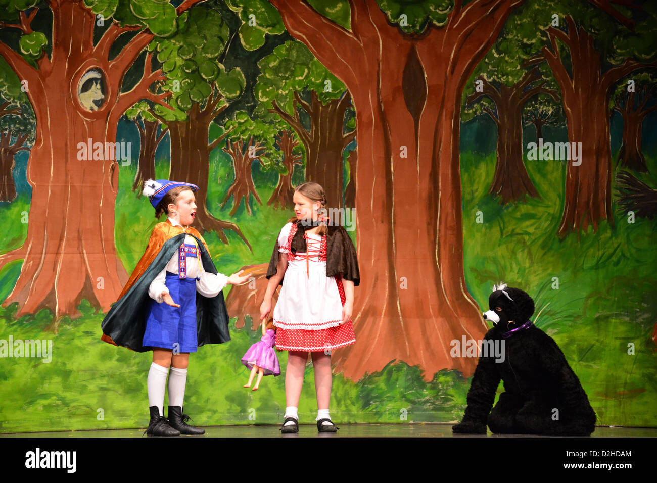 Hansel, Gretel and cat in 'Hansel & Gretel' amateur pantomime production, Hounslow, Greater London, England, United Kingdom Stock Photo