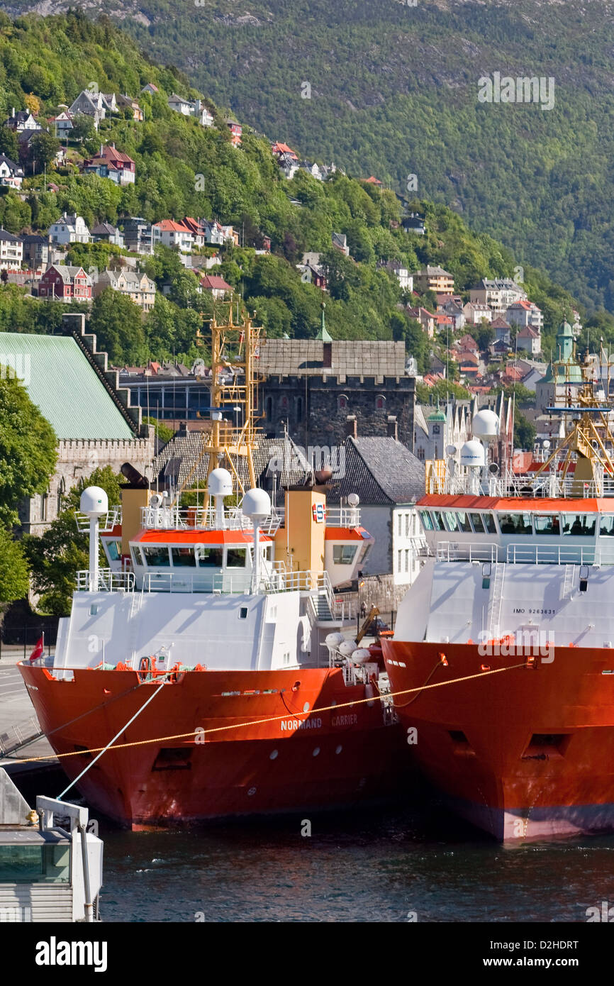 North Sea oil rig support vessels moored in Bergen, Norway Stock Photo
