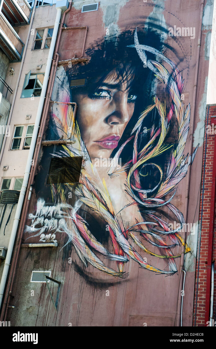 Street art, Melbourne a commissioned mural, created by an artist using