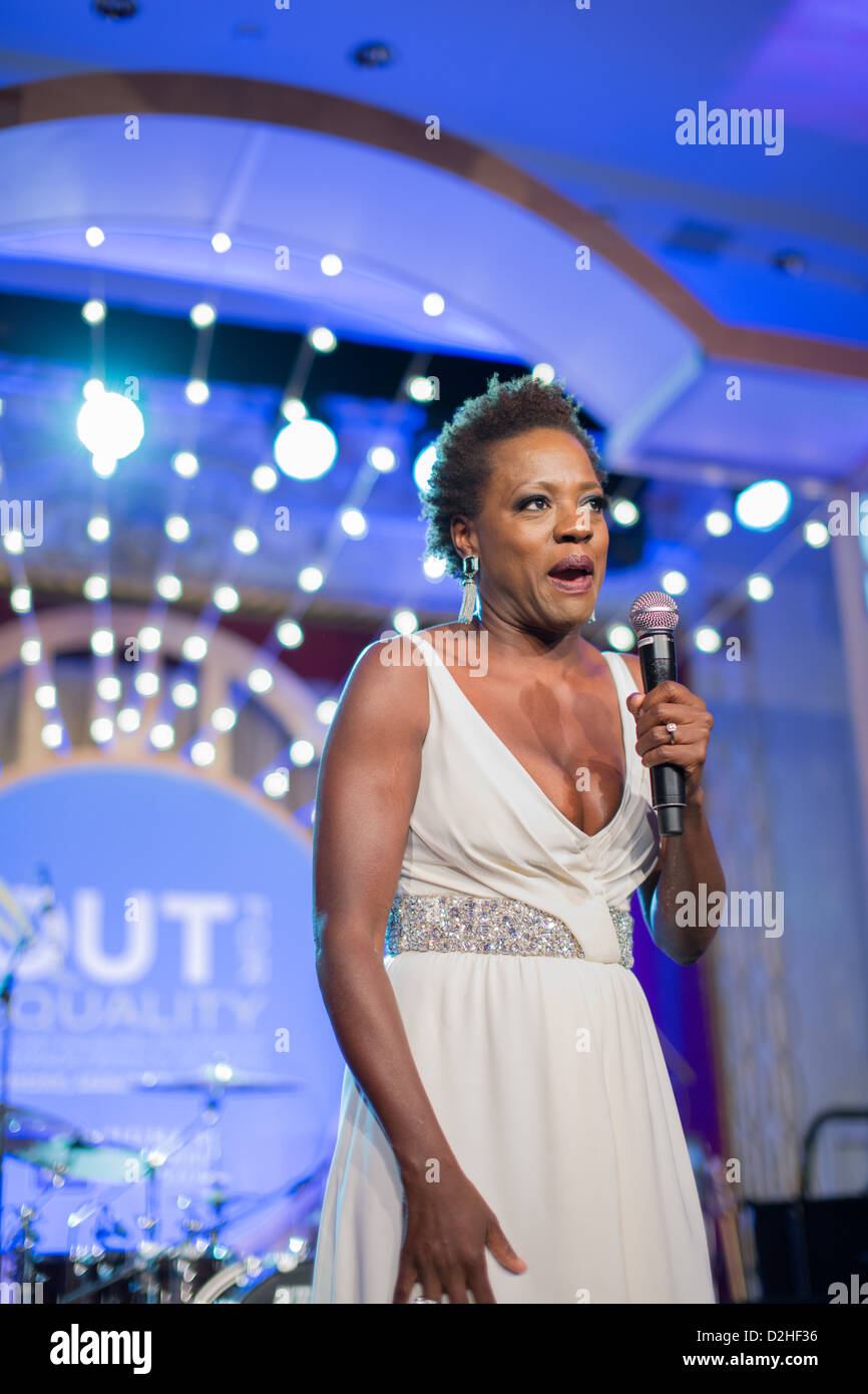 Viola Davis announces Cindi Lauper at the Out for Equality Ball 2013. Stock Photo