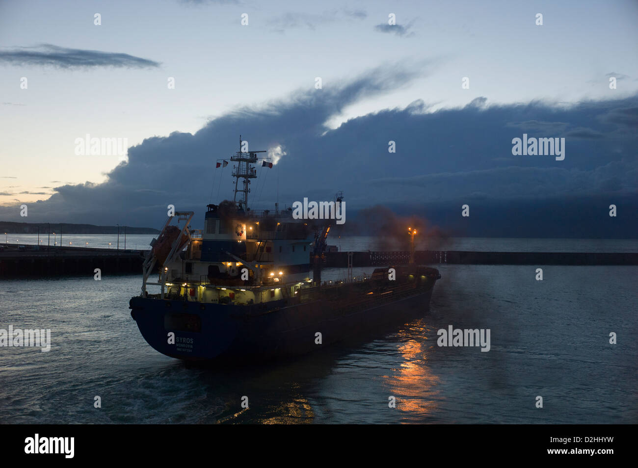 Oil tanker Syros leaving Dieppe harbour, evening Stock Photo Alamy