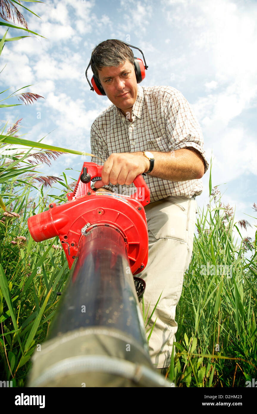 Professor in ecology studies plant and nature life on the Norfolk Broads Stock Photo