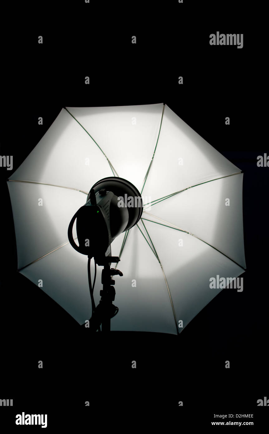 Shot of studio equipment - white umbrella, lighting Stock Photo