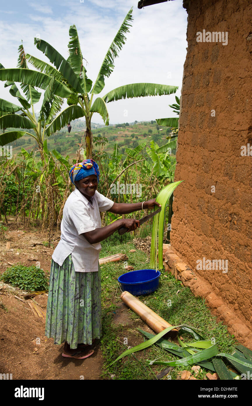 Woman preparing sisal for making rope, village near Muhanga, Rwanda Stock Photo