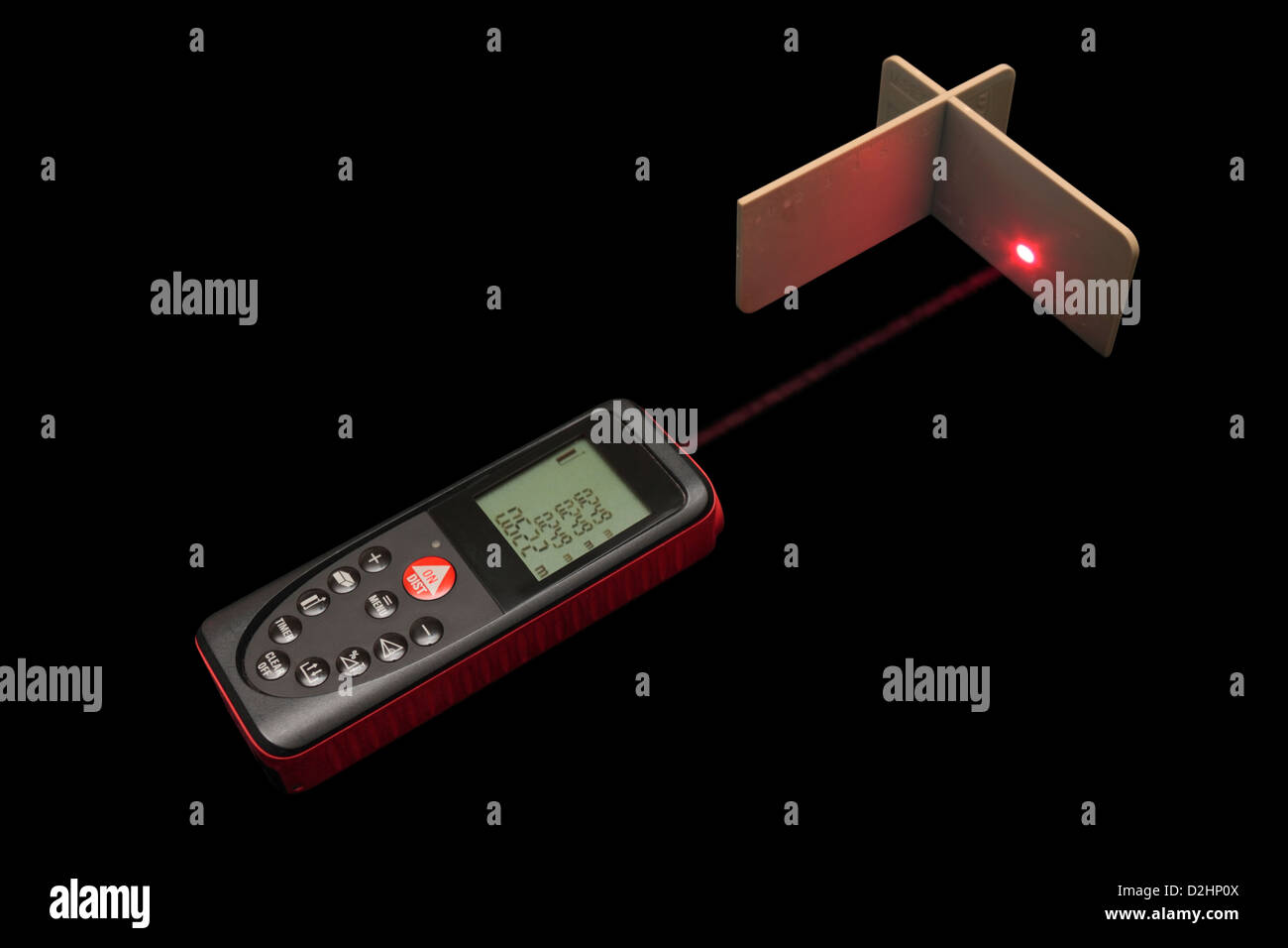 Leica Disto Meter D3 aimed at a grey target isolated on black background Stock Photo