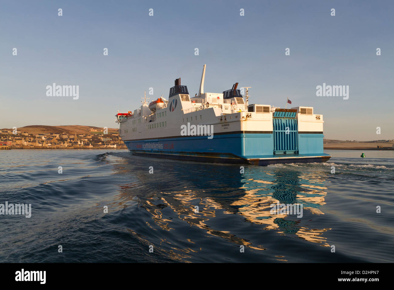 Northlink ferry approaching Stromness, Orkney isles Stock Photo