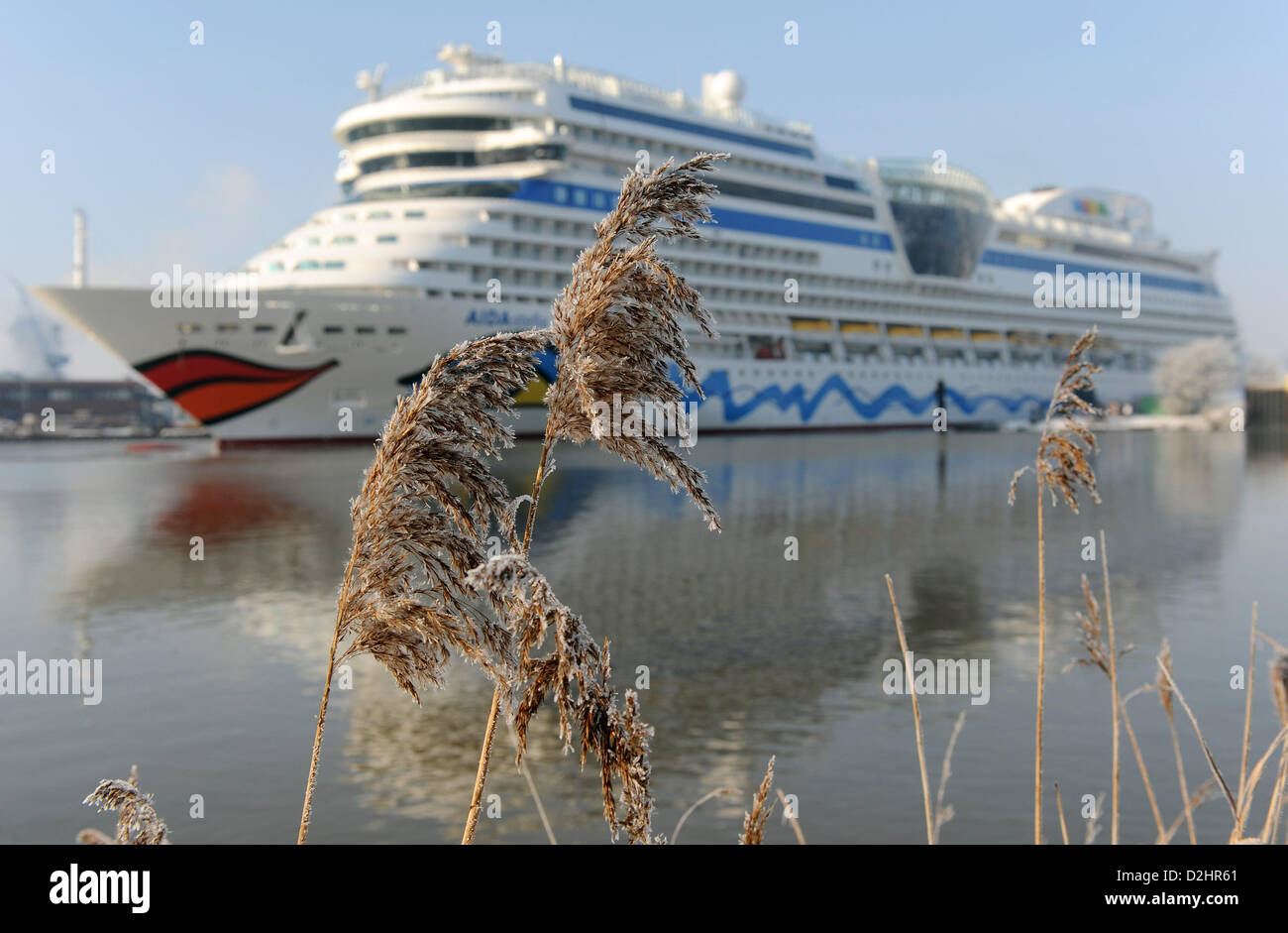 The new AIDAStella cruise liner is shifted after it has left the dock of the Meyer shipyard in Papenburg, Germany, 25 January 2013. Photo: INGO WAGNER Stock Photo