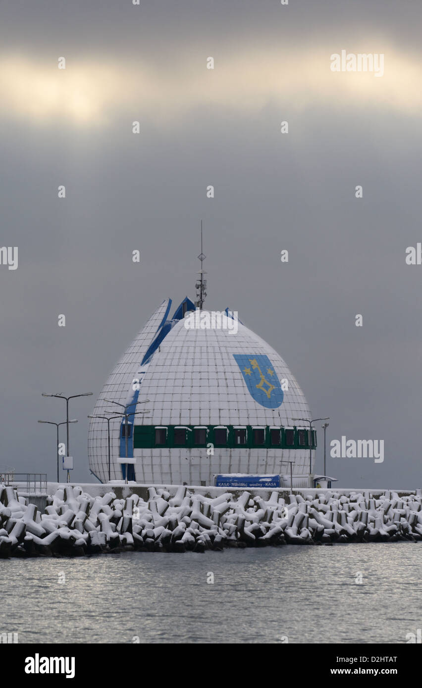 Hel Peninsula Docks landmark modern building on a snowy afternoon - Polish Baltic coast. Stock Photo