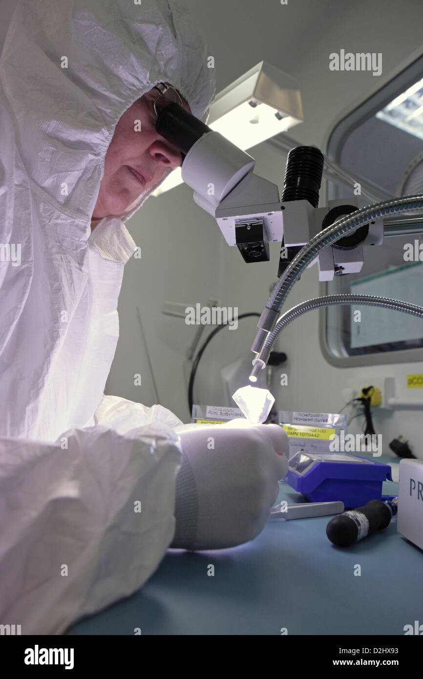 Clean room, electronic industry laboratory microscope and female worker ...