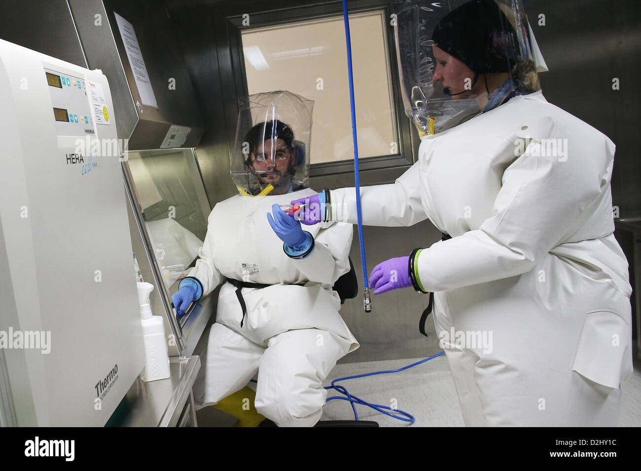 Two virologists work in the new high security laboratory (Biosafety