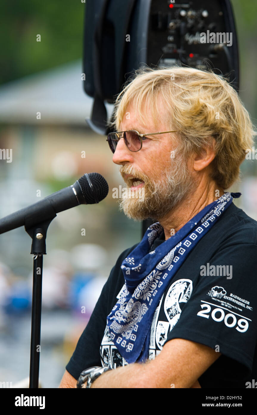 Emcee at the Texas Water Safari canoe race, San Marcos Texas Stock Photo