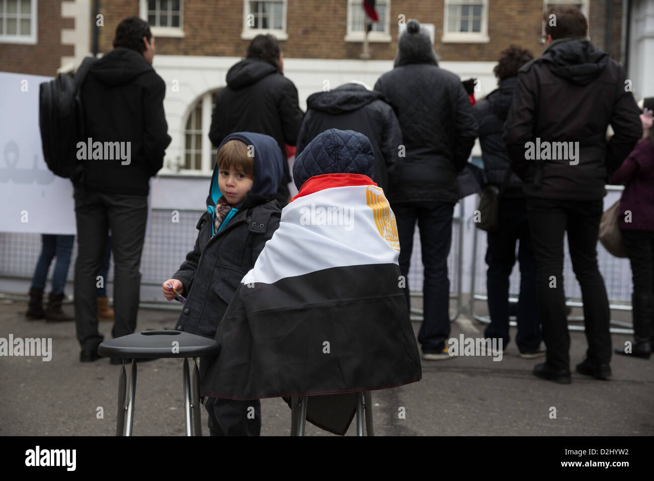 Protesters gathered outside the Egyptian Embassy in London for their 2nd revolution anniversary Stock Photo