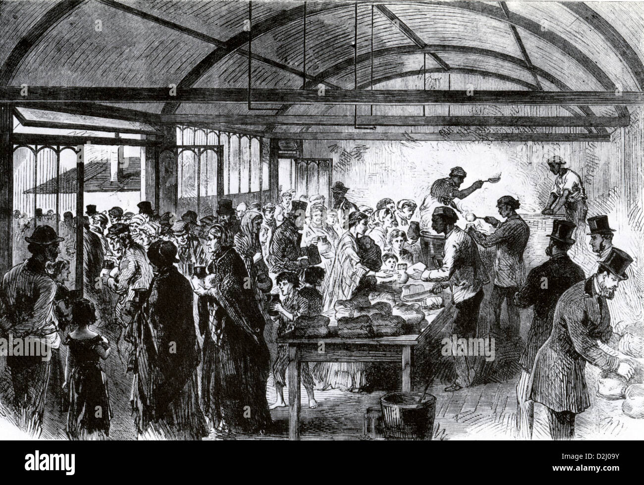 VICTORIAN SOUP KITCHEN Food distribution at the Strangers' Home, West India Dock Road, Limehouse, London in 1868 Stock Photo