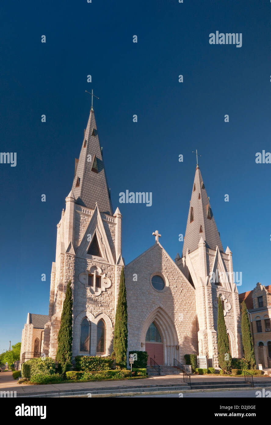 St Mary's Catholic Church, Gothic Revival style, at De Leon Plaza, Victoria, Texas, USA Stock Photo