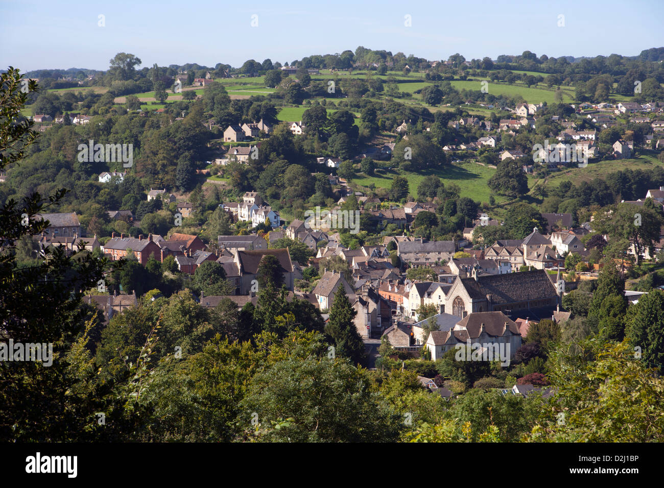 The view over Nailsworth town nestled in its valley on the edge of the Cotswolds, Gloucestershire, UK Stock Photo