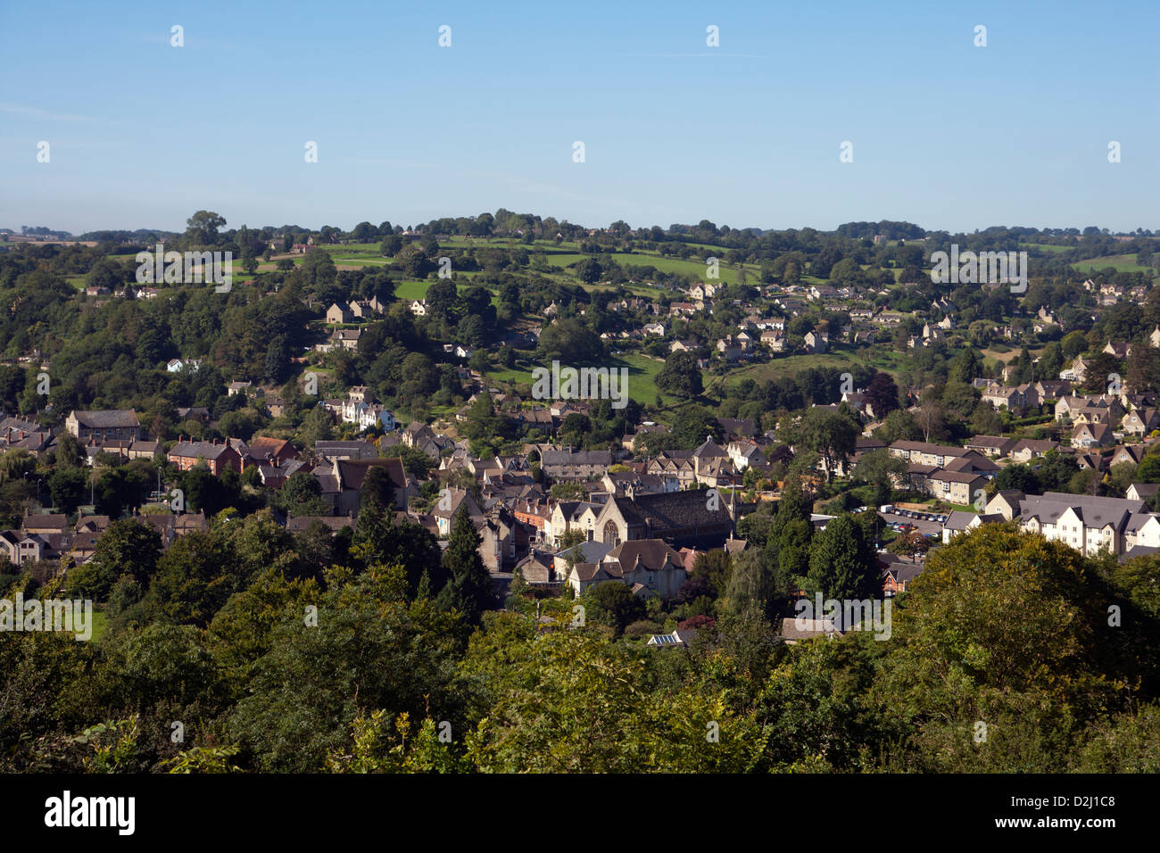 The view over Nailsworth town nestled in its valley on the edge of the Cotswolds, Gloucestershire, UK Stock Photo