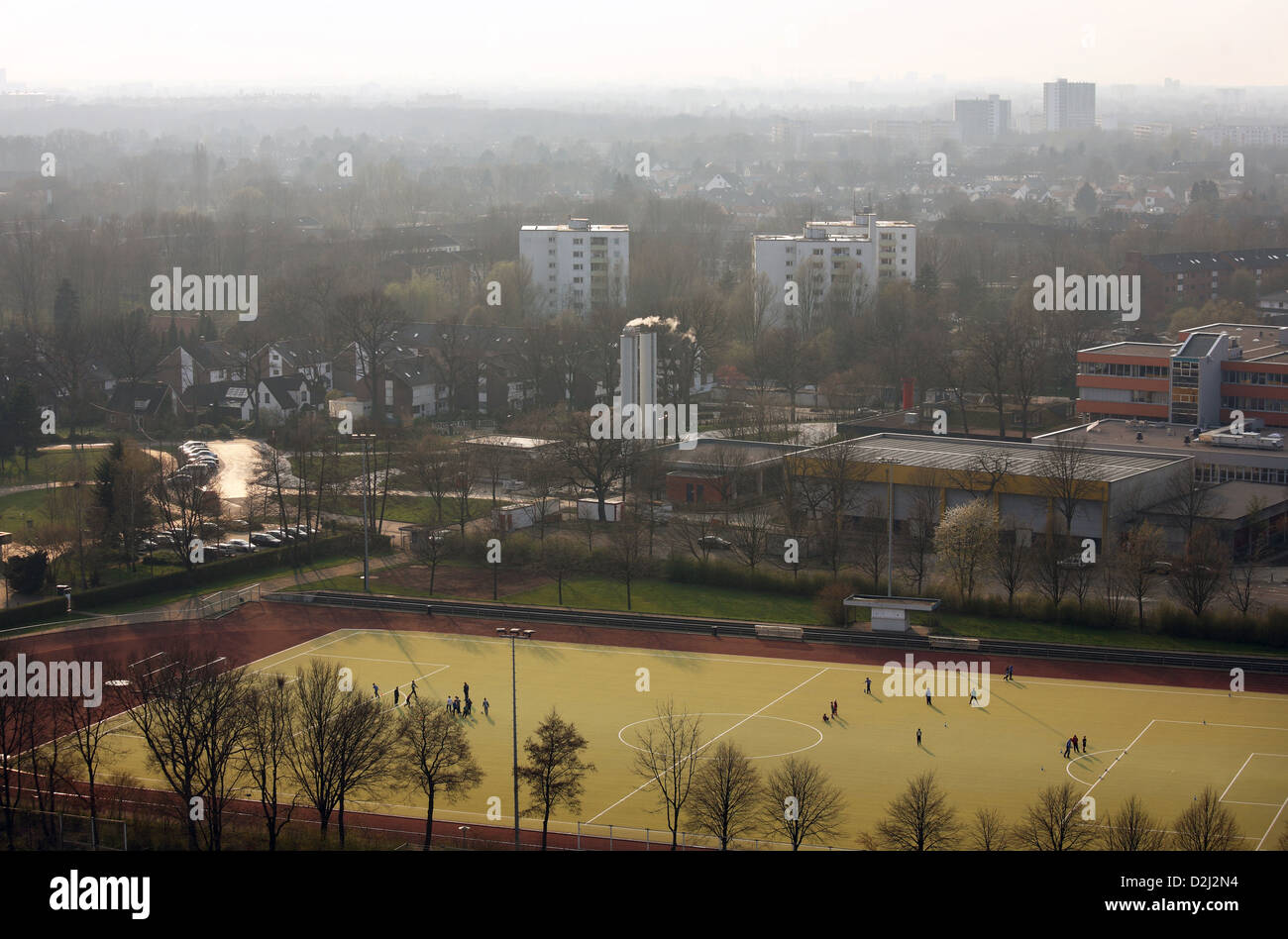 Bremen, Germany, view from the high-rise estate Tenever on a football pitch Stock Photo