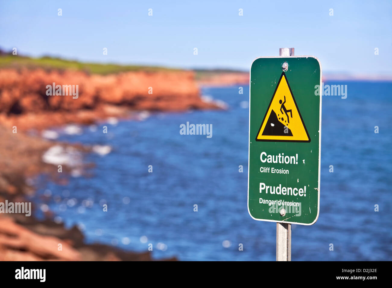 Danger sign on eroding cliffs of the National Park on the north shores of Prince Edward Island, Canada. Stock Photo