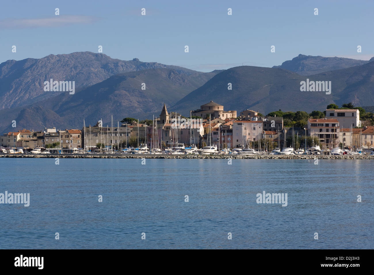 CORSICA: St Florent - waterfront views from Plage Roya Stock Photo