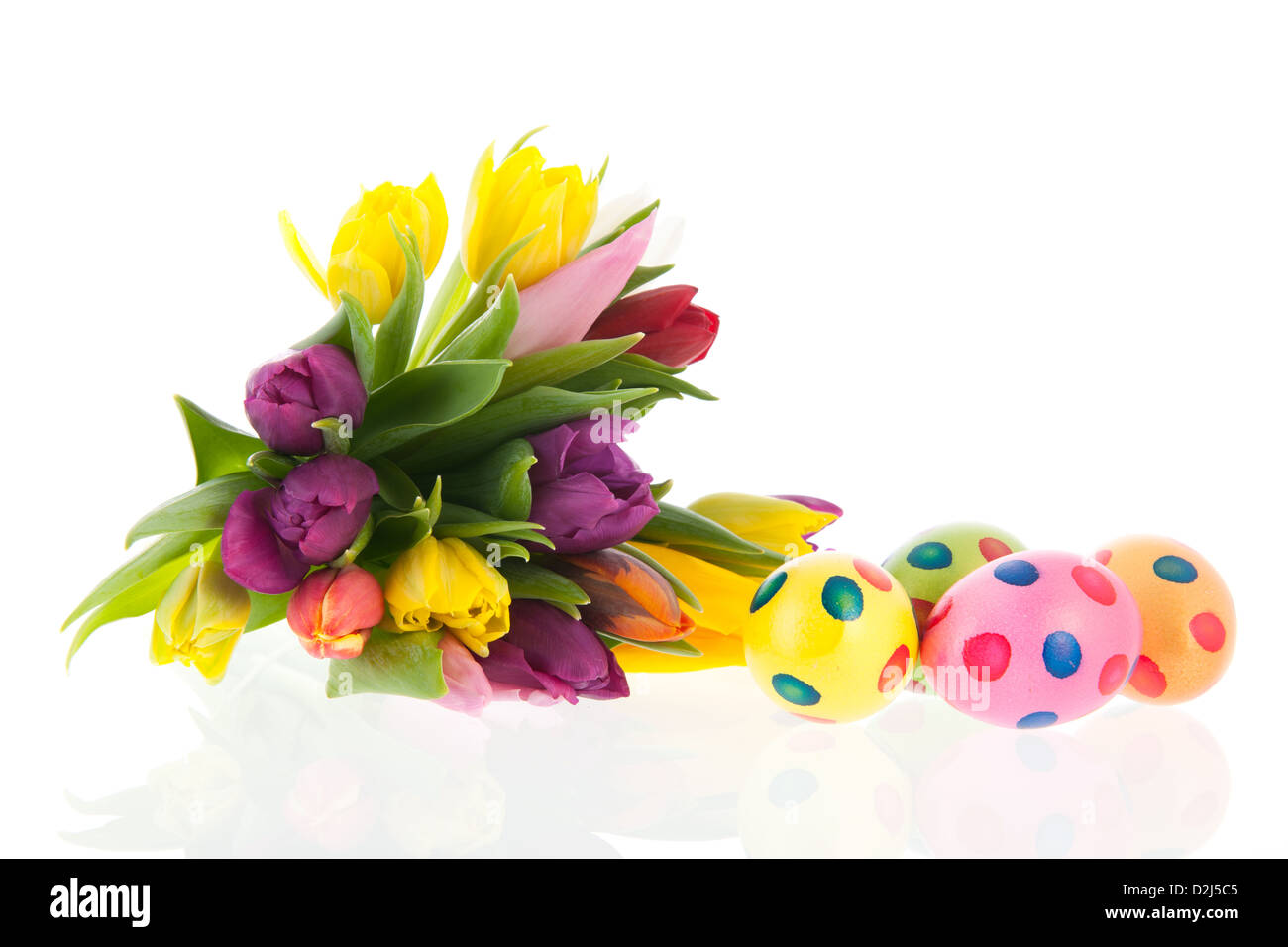 Painted easter eggs with colorful bouquet tulips in spring Stock Photo ...