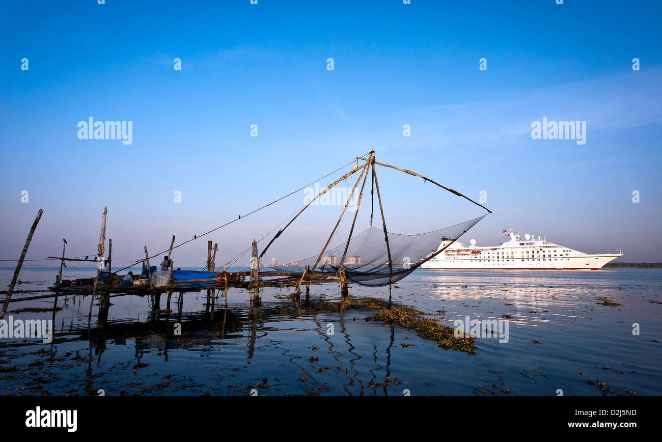Chinese Fishing Net and a passenger ship, Fort Kochi, Kerala, India
