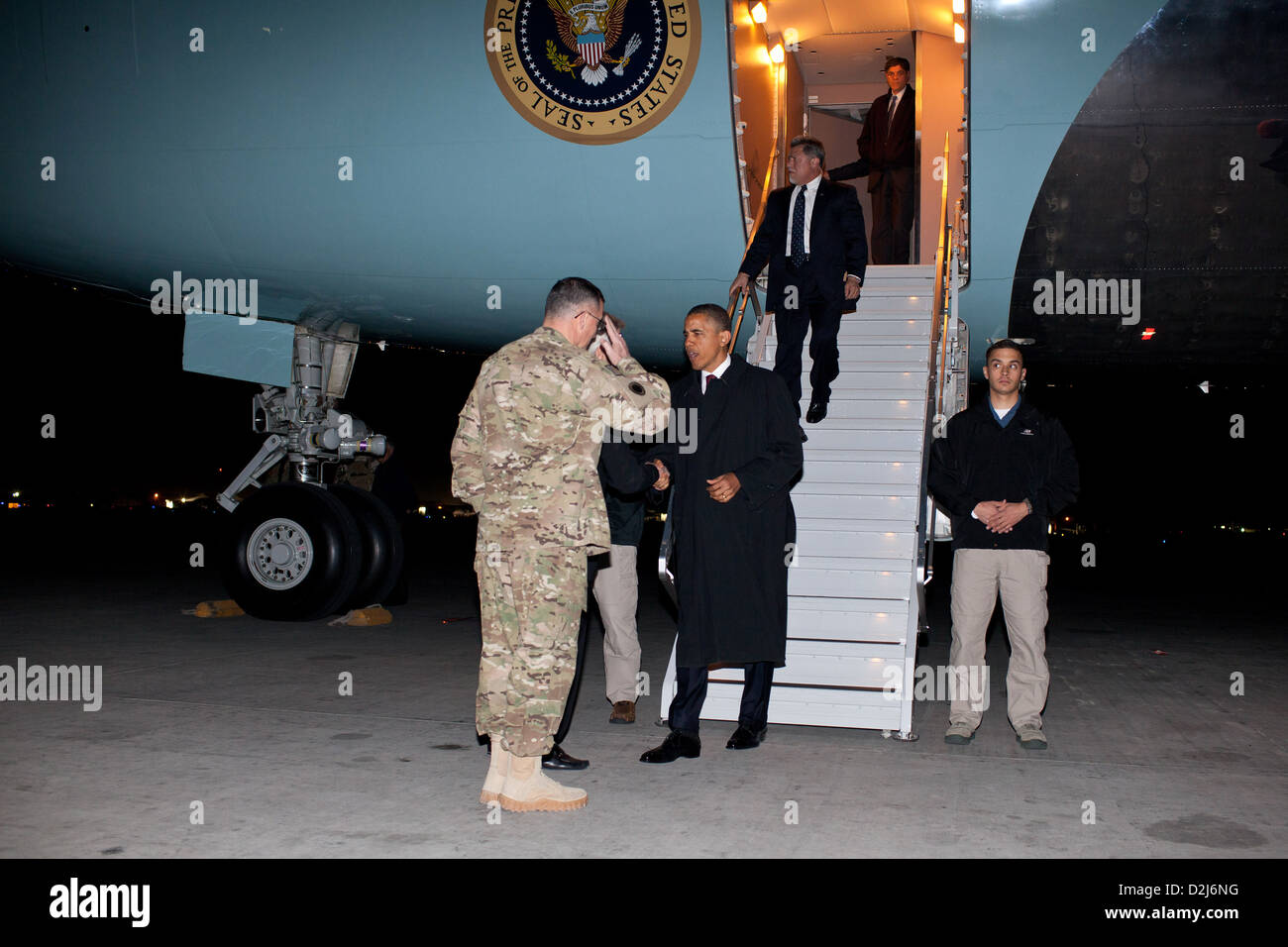 US President Barack Obama is greeted upon arrival at Bagram Air Base May 1, 2012 in Kabul, Afghanistan. Stock Photo