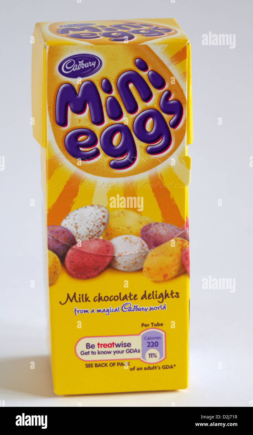 Carton of Cadbury mini eggs milk chocolate delights ready for Easter isolated on white background Stock Photo