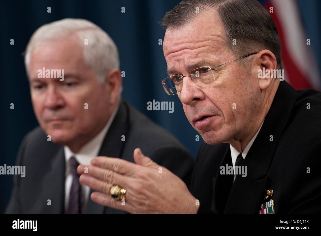 Secretary of Defense Robert Gates and Navy Admiral Mike Mullen, Chairman of the Joint Chiefs of Staff address the media at a press conference regarding the 2011 budget rollout at the Pentagon on February 1, 2010. Stock Photo