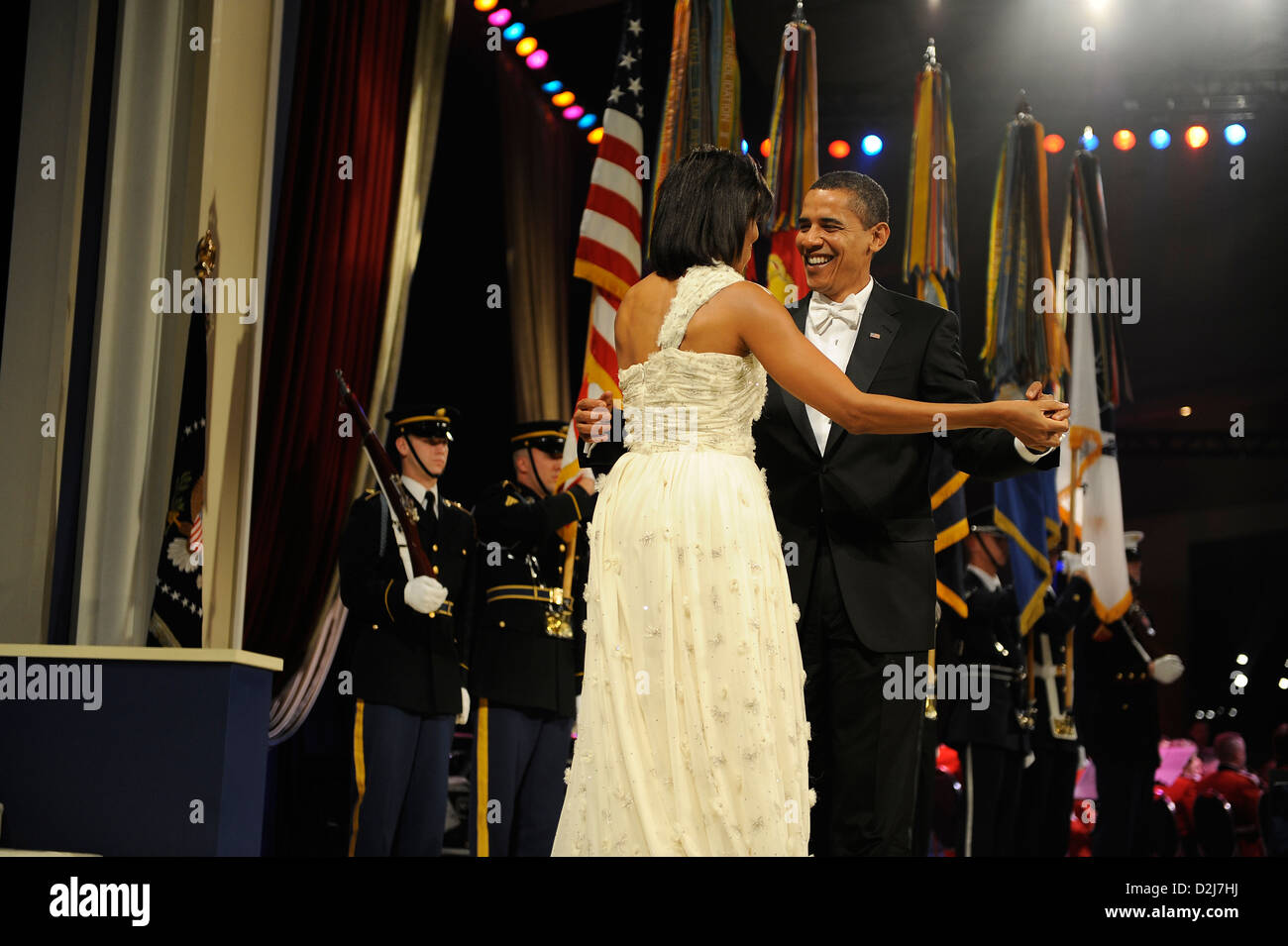 President Barack Obama and First Lady Michelle Obama dance at the Mid-Atlantic Ball in Washington, DC January 20, 2009. Stock Photo
