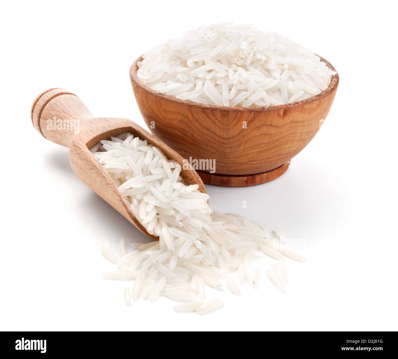 basmati rice in a wooden bowl isolated on white background Stock Photo