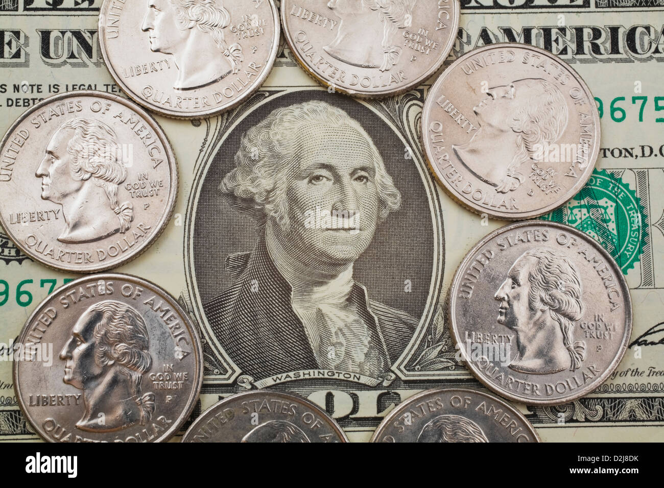 Portrait Of George Washington On A Us One Dollar Bill And Coins Stock Photo Alamy