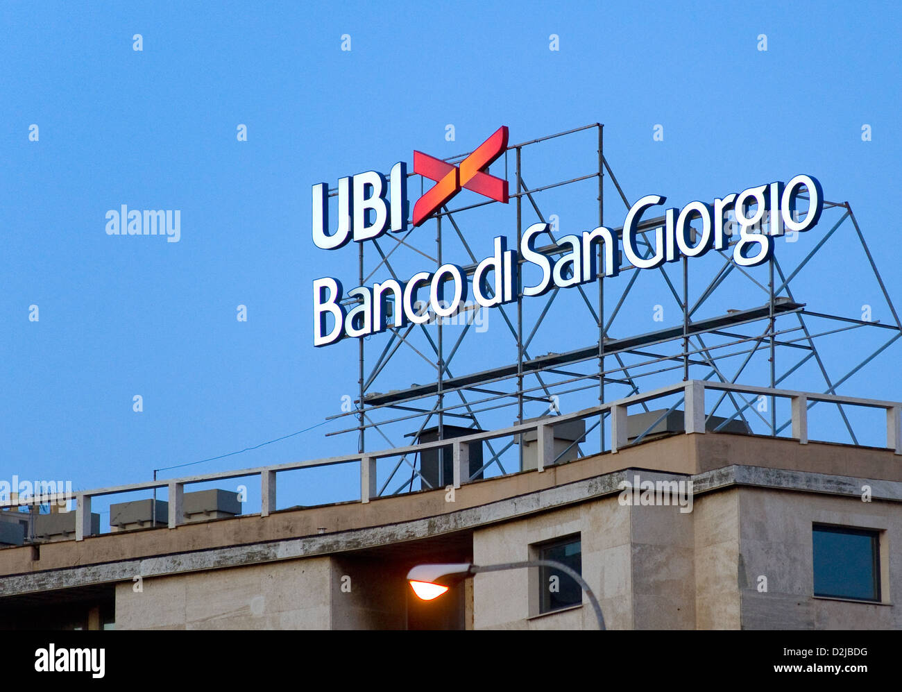Genoa, Italy, with lettering logo of UBI, Banco di San Giorgio Stock Photo