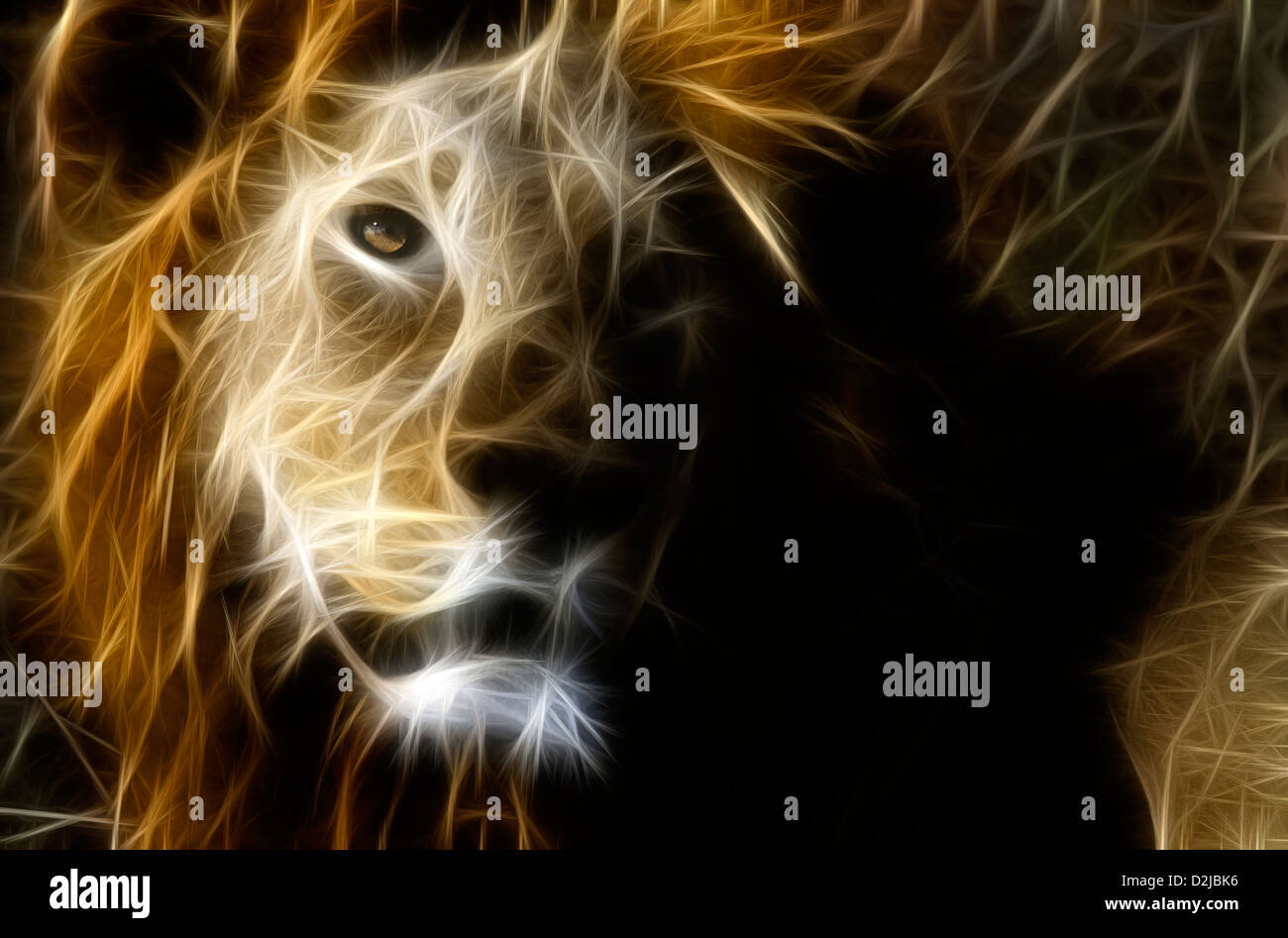 a stylized photo in glowing fractal lines of a male lion glancing over his shoulder as he rests in the grass creating a surreal and majestic look Stock Photo