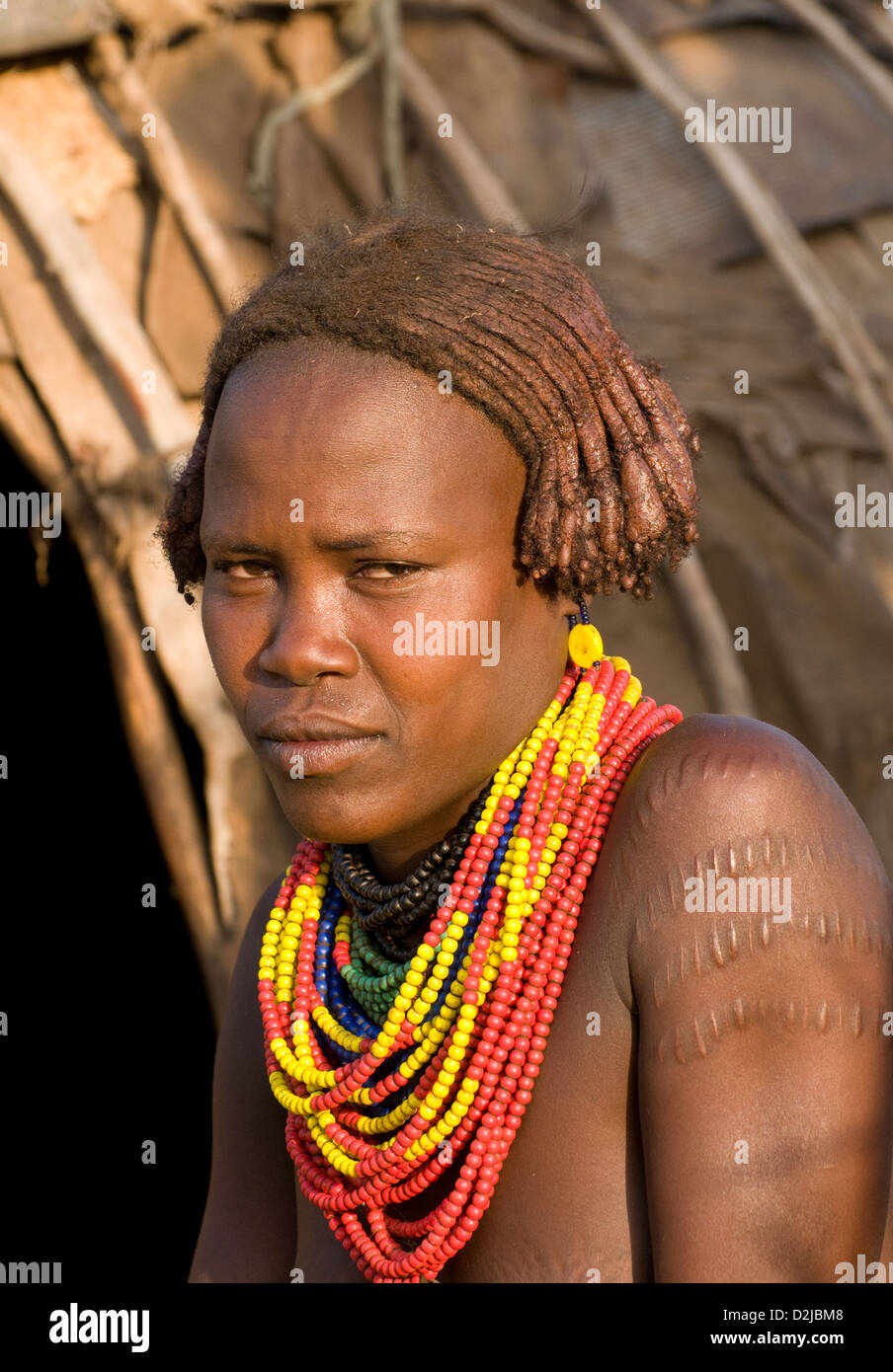 Portrait of Dassenech woman with body scarring-close up Stock Photo