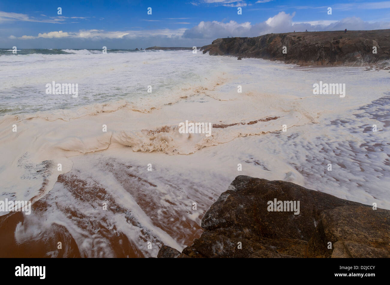 Storm to Quiberon ( Morbihan, Brittany,  France), the sea covered with foam. Stock Photo
