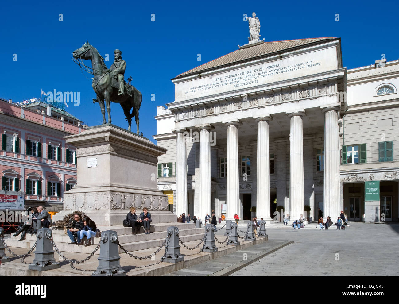Genoa, Italy, the opera house and an equestrian statue in Piazza de